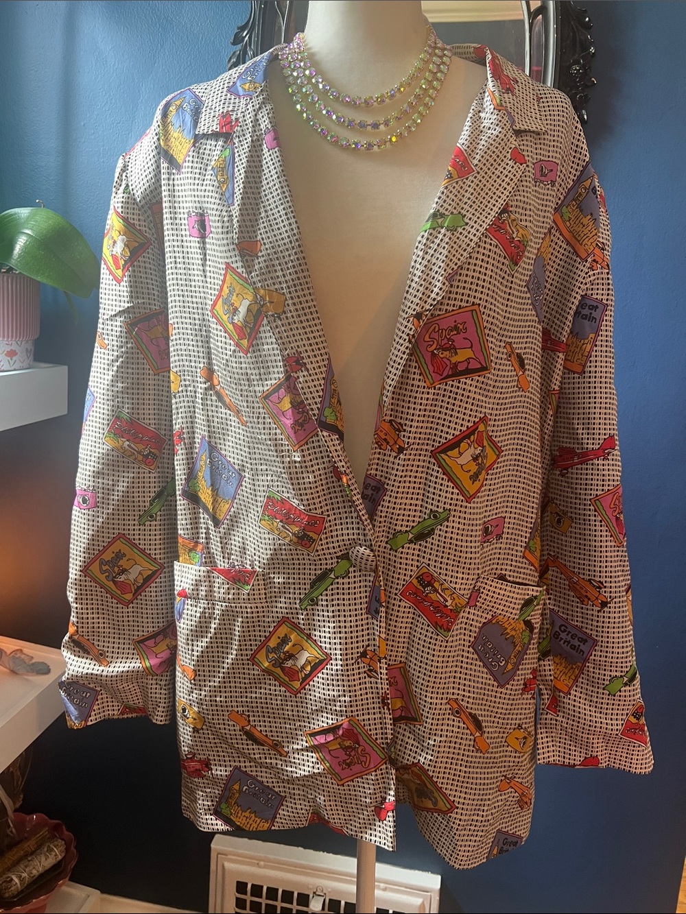 Carol Horn Workshop Vintage Silk Blouse in Cream with Multicolor Travel Print